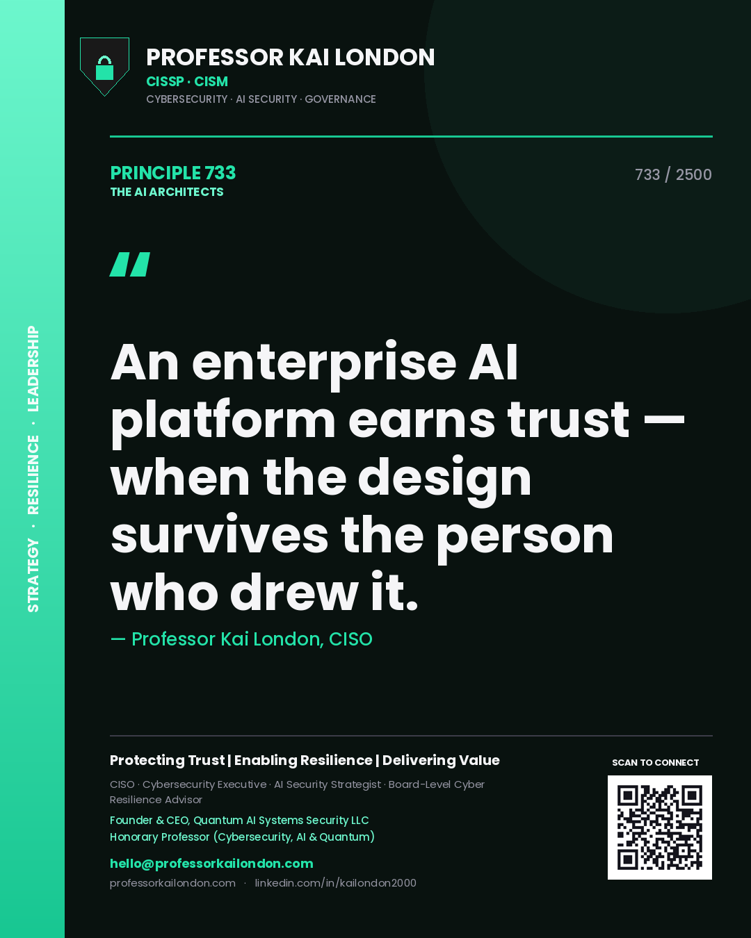 Professor Kai London principle 733: An enterprise AI platform earns trust — when the design survives the person who drew it.