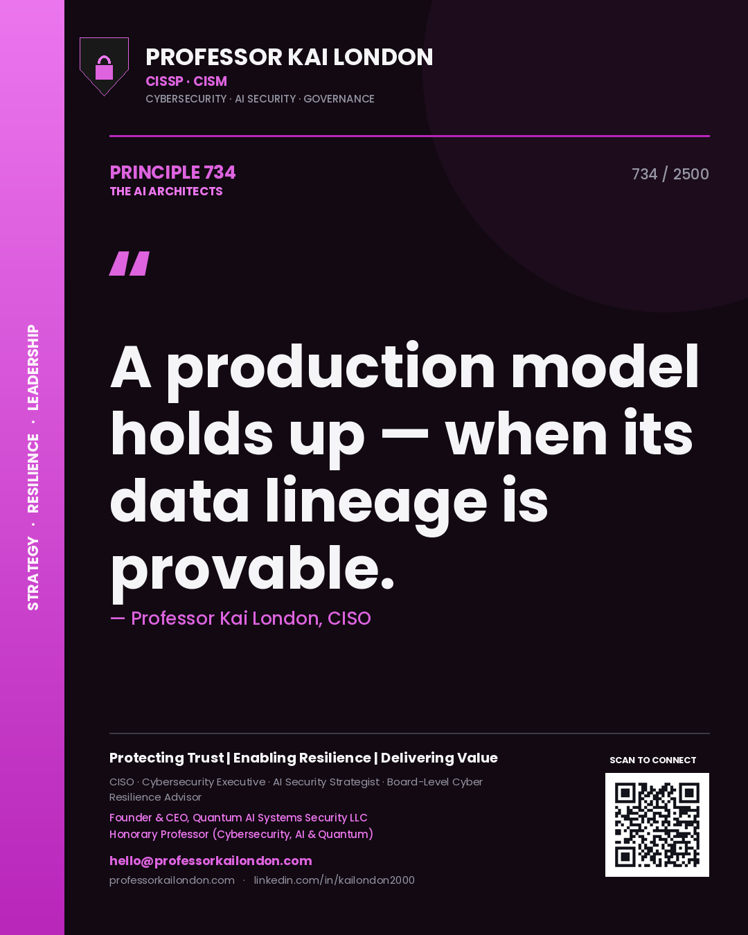 Professor Kai London principle 734: A production model holds up — when its data lineage is provable.
