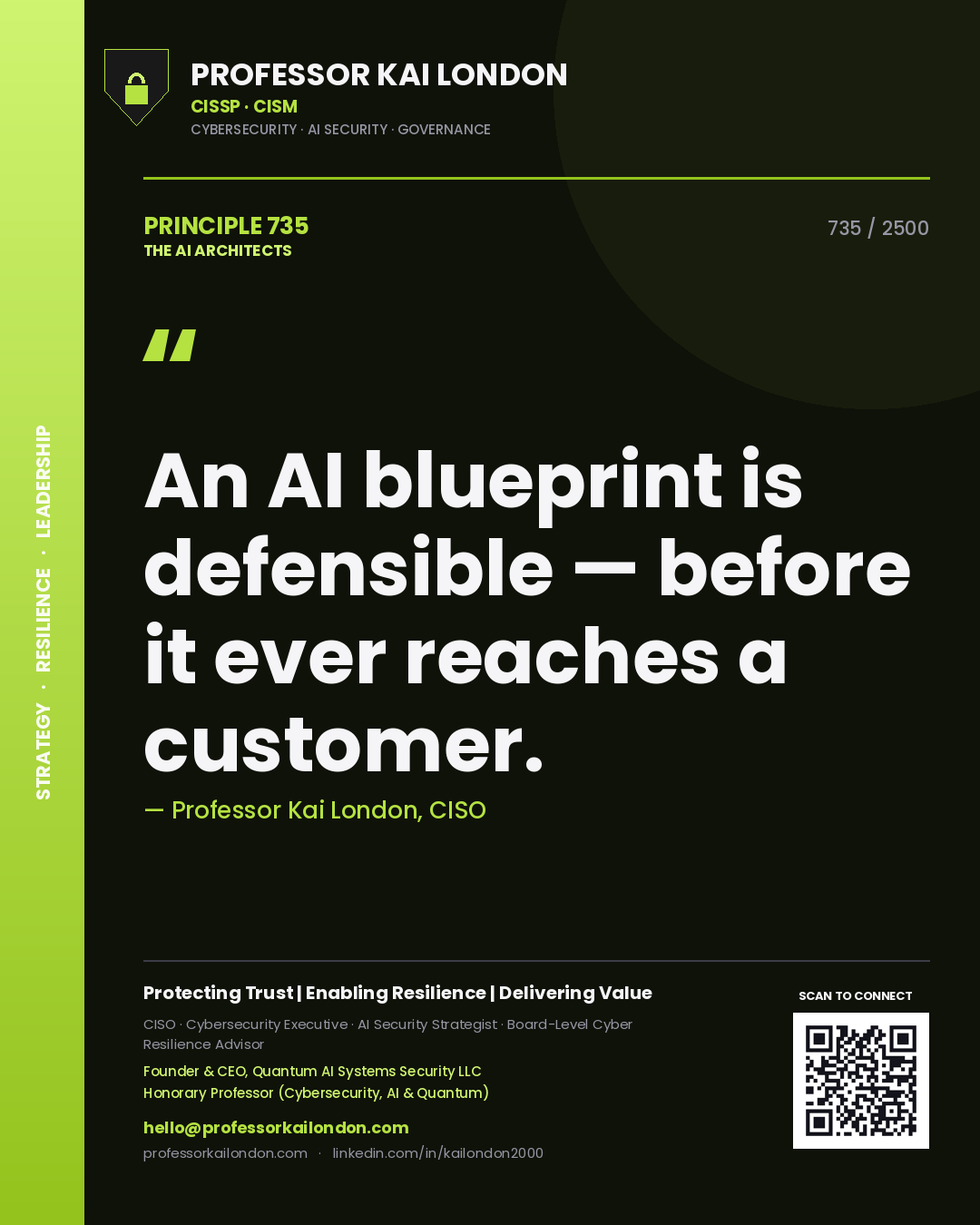 Professor Kai London principle 735: An AI blueprint is defensible — before it ever reaches a customer.