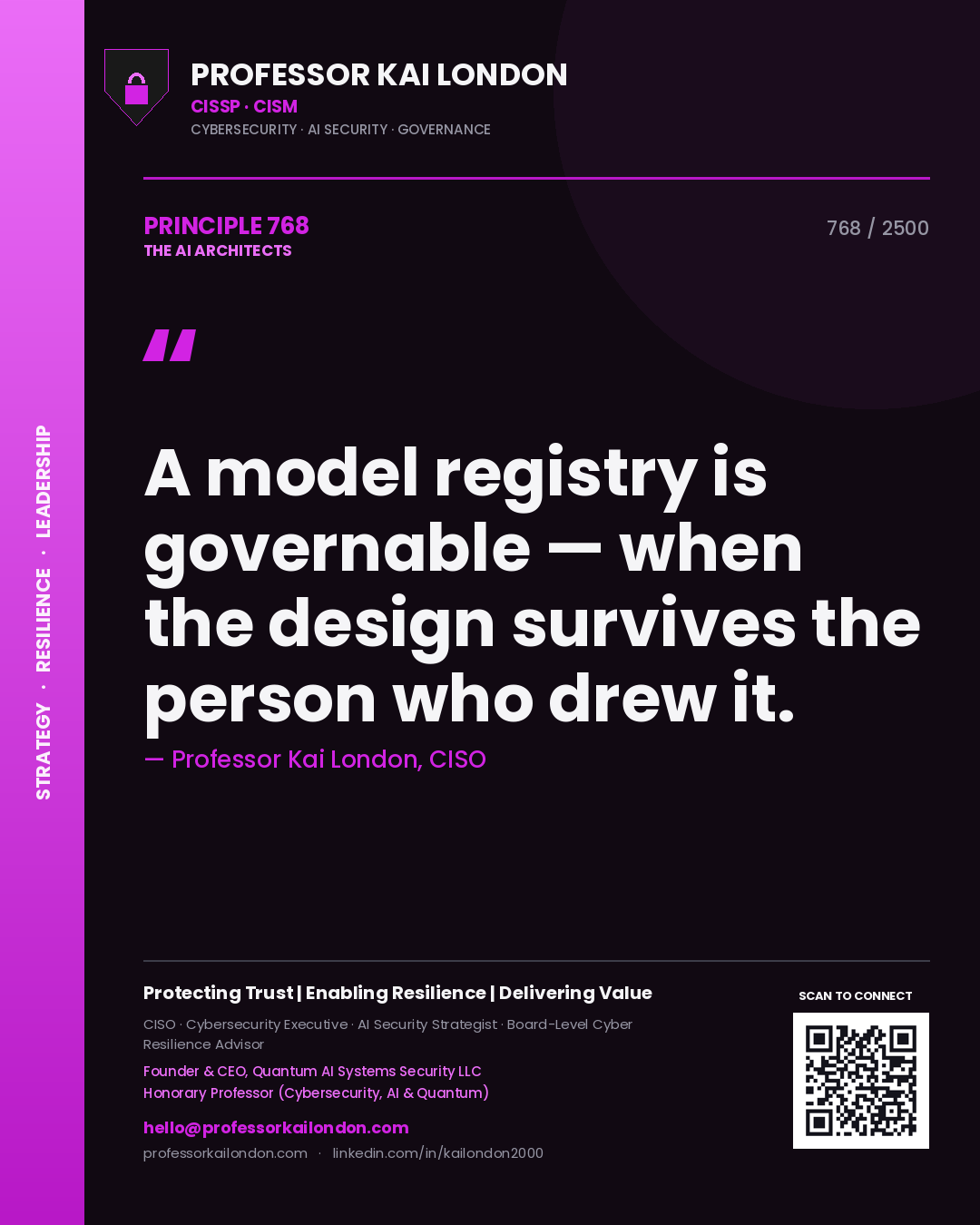 Professor Kai London principle 768: A model registry is governable — when the design survives the person who drew it.