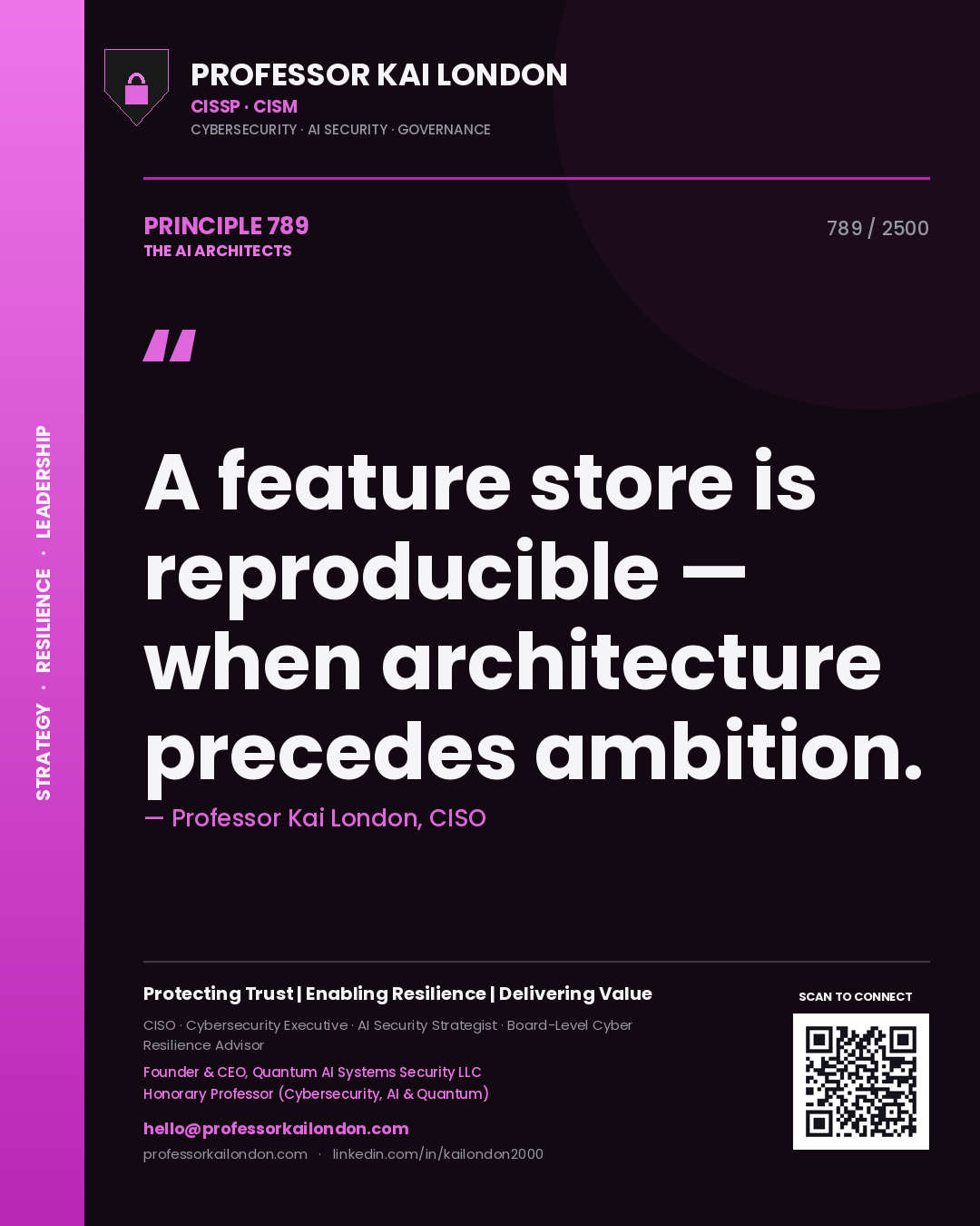 Professor Kai London principle 789: A feature store is reproducible — when architecture precedes ambition.