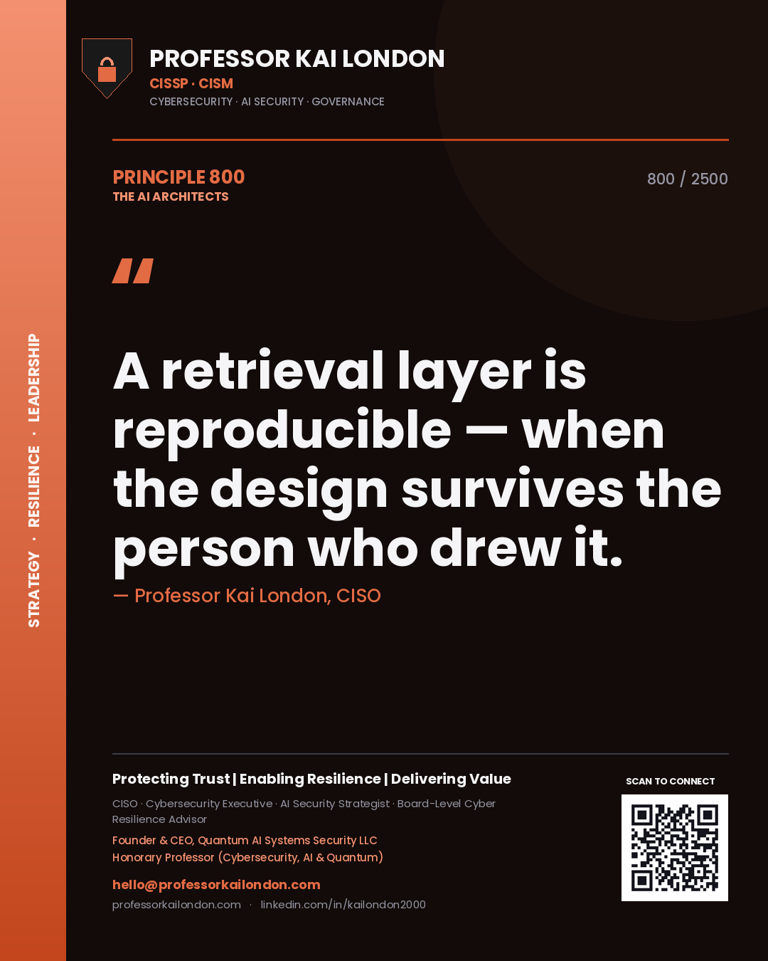 Professor Kai London principle 800: A retrieval layer is reproducible — when the design survives the person who drew it.
