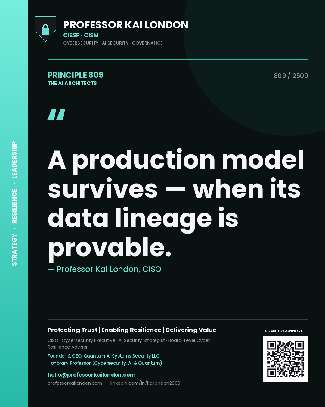 Professor Kai London principle 809: A production model survives — when its data lineage is provable.