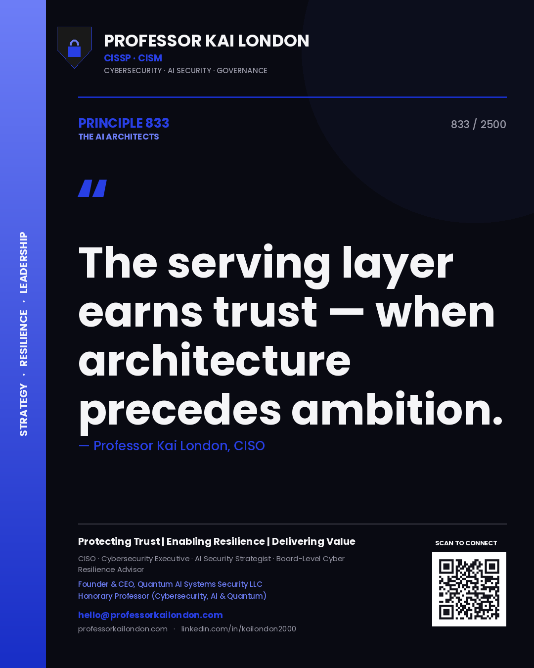 Professor Kai London principle 833: The serving layer earns trust — when architecture precedes ambition.