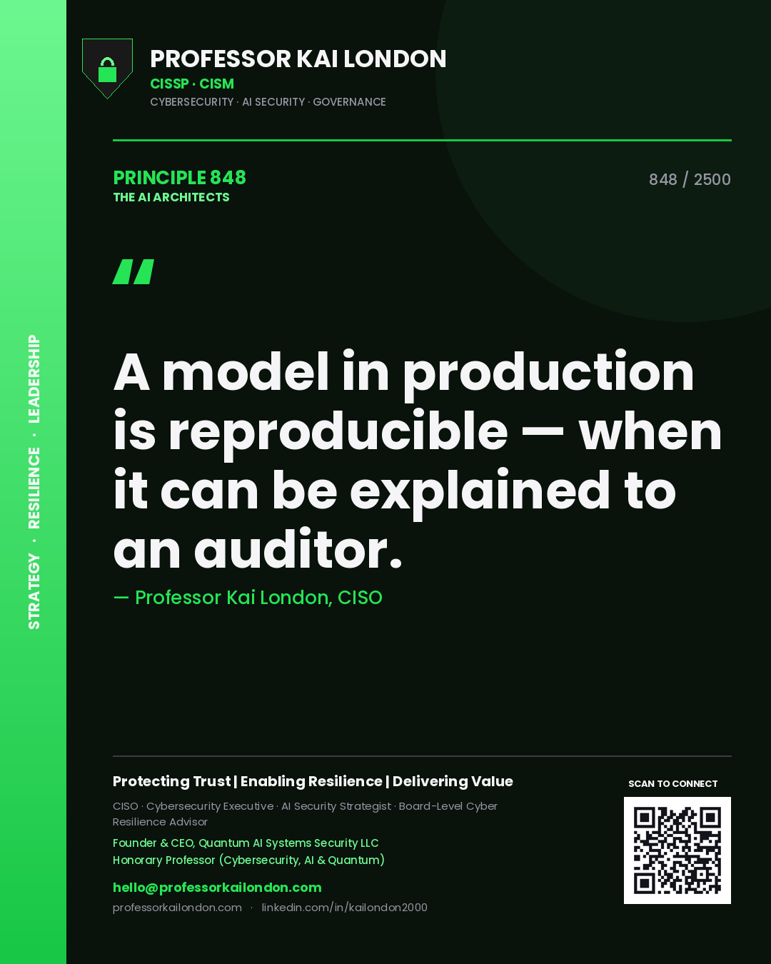 Professor Kai London principle 848: A model in production is reproducible — when it can be explained to an auditor.