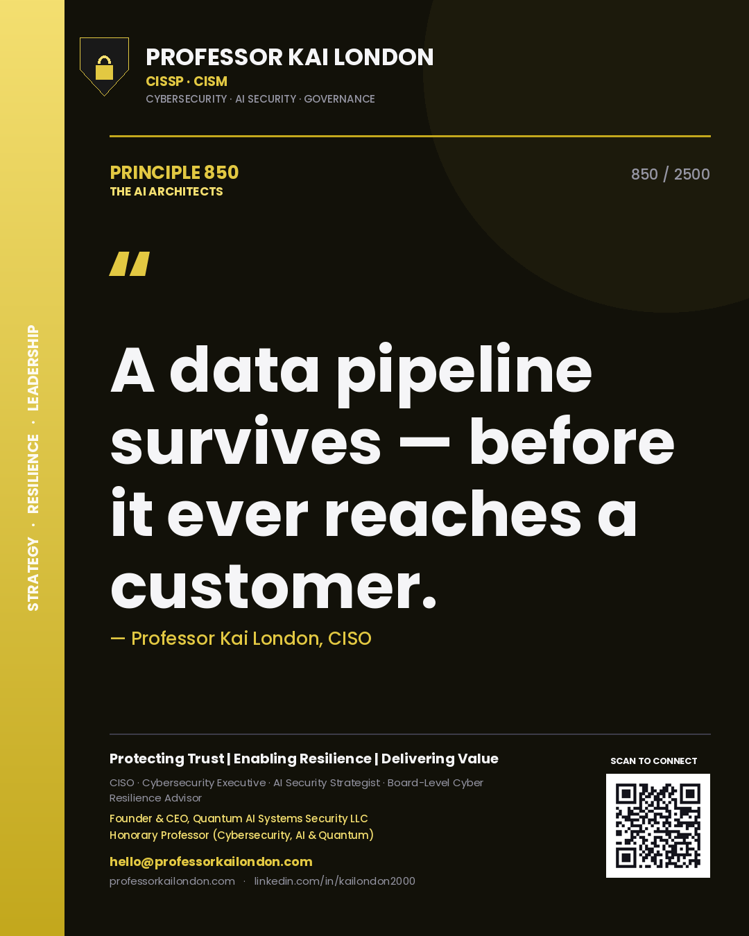Professor Kai London principle 850: A data pipeline survives — before it ever reaches a customer.