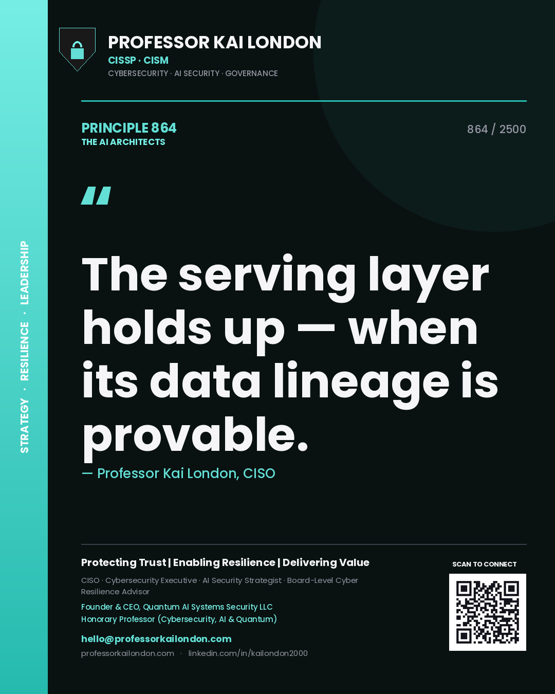 Professor Kai London principle 864: The serving layer holds up — when its data lineage is provable.