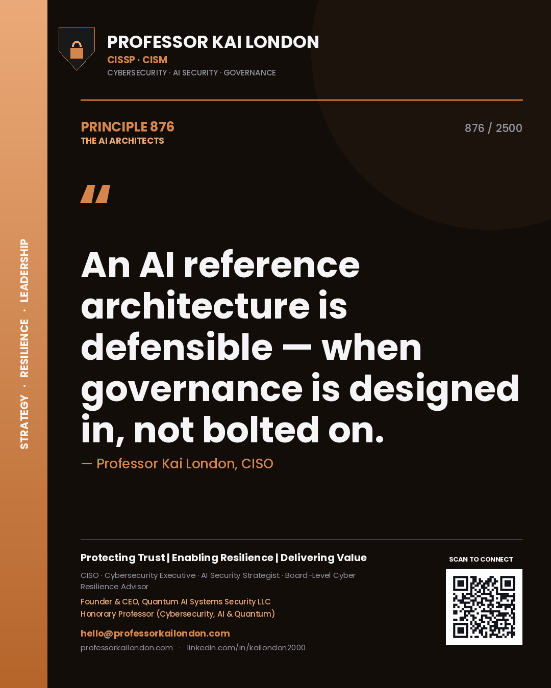Professor Kai London principle 876: An AI reference architecture is defensible — when governance is designed in, not bolted on.