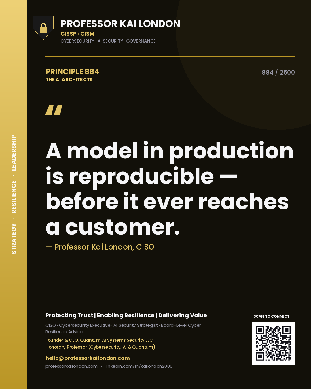 Professor Kai London principle 884: A model in production is reproducible — before it ever reaches a customer.
