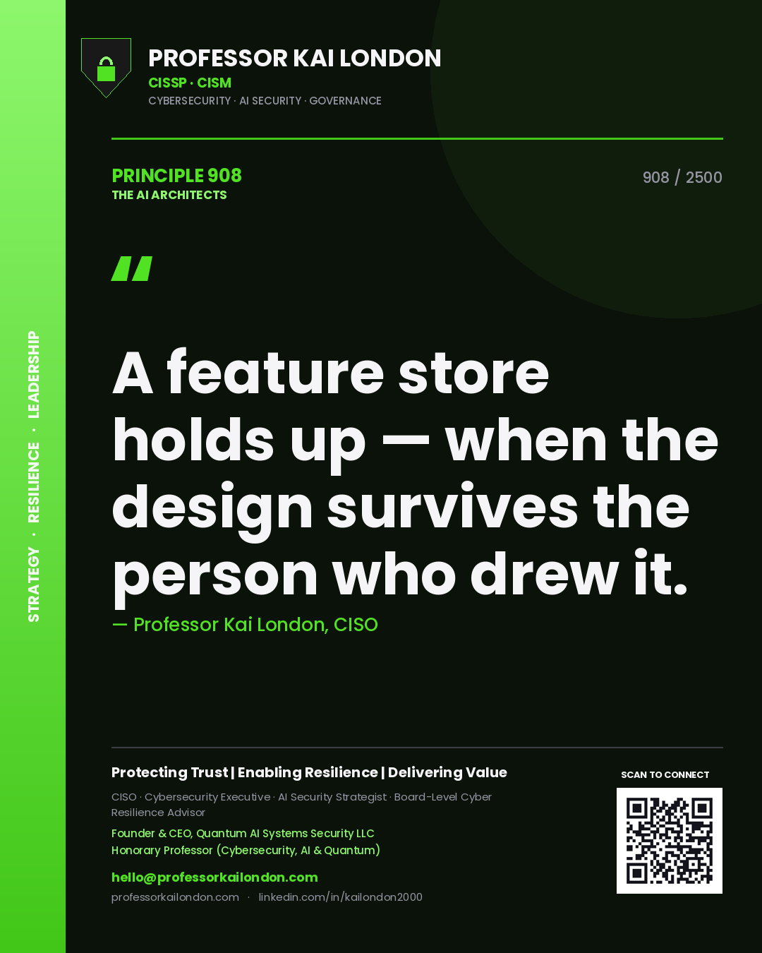 Professor Kai London principle 908: A feature store holds up — when the design survives the person who drew it.