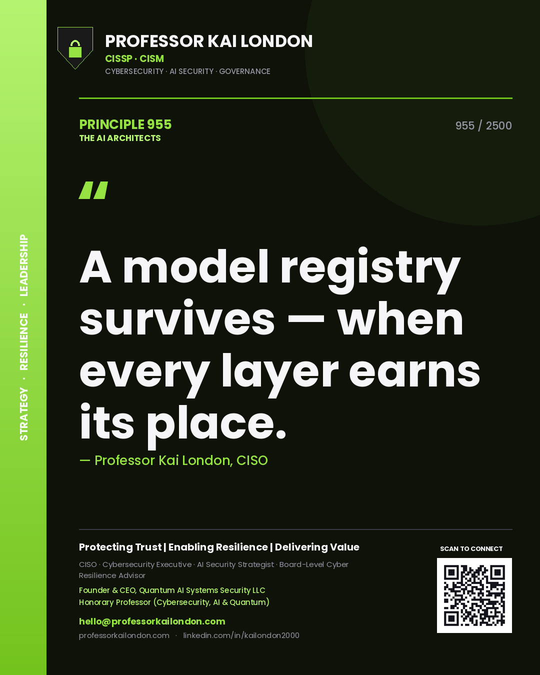 Professor Kai London principle 955: A model registry survives — when every layer earns its place.