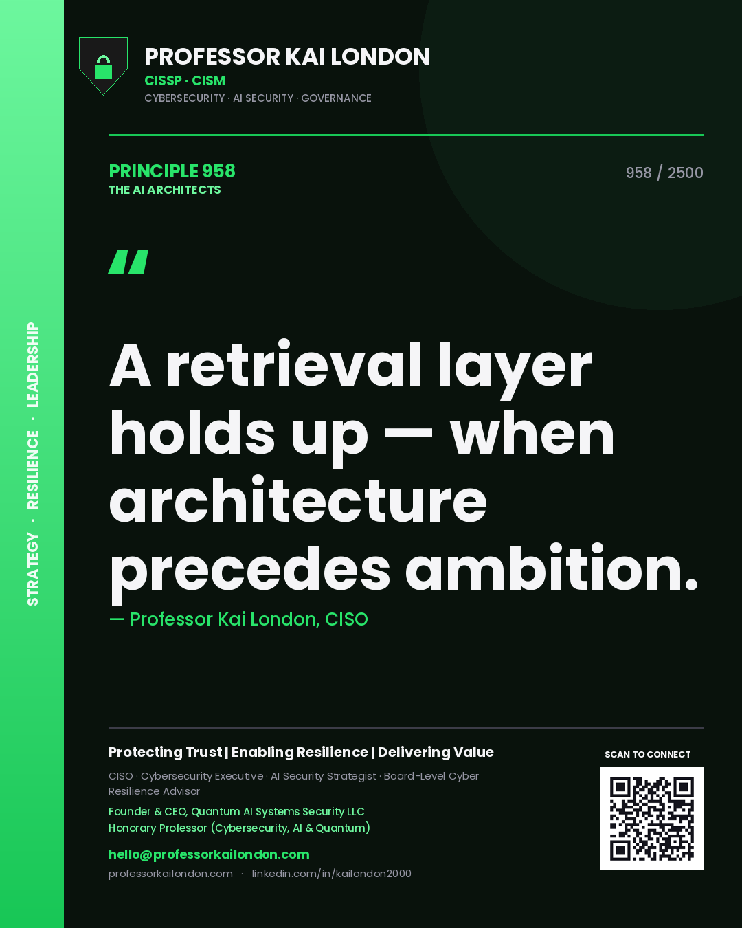 Professor Kai London principle 958: A retrieval layer holds up — when architecture precedes ambition.