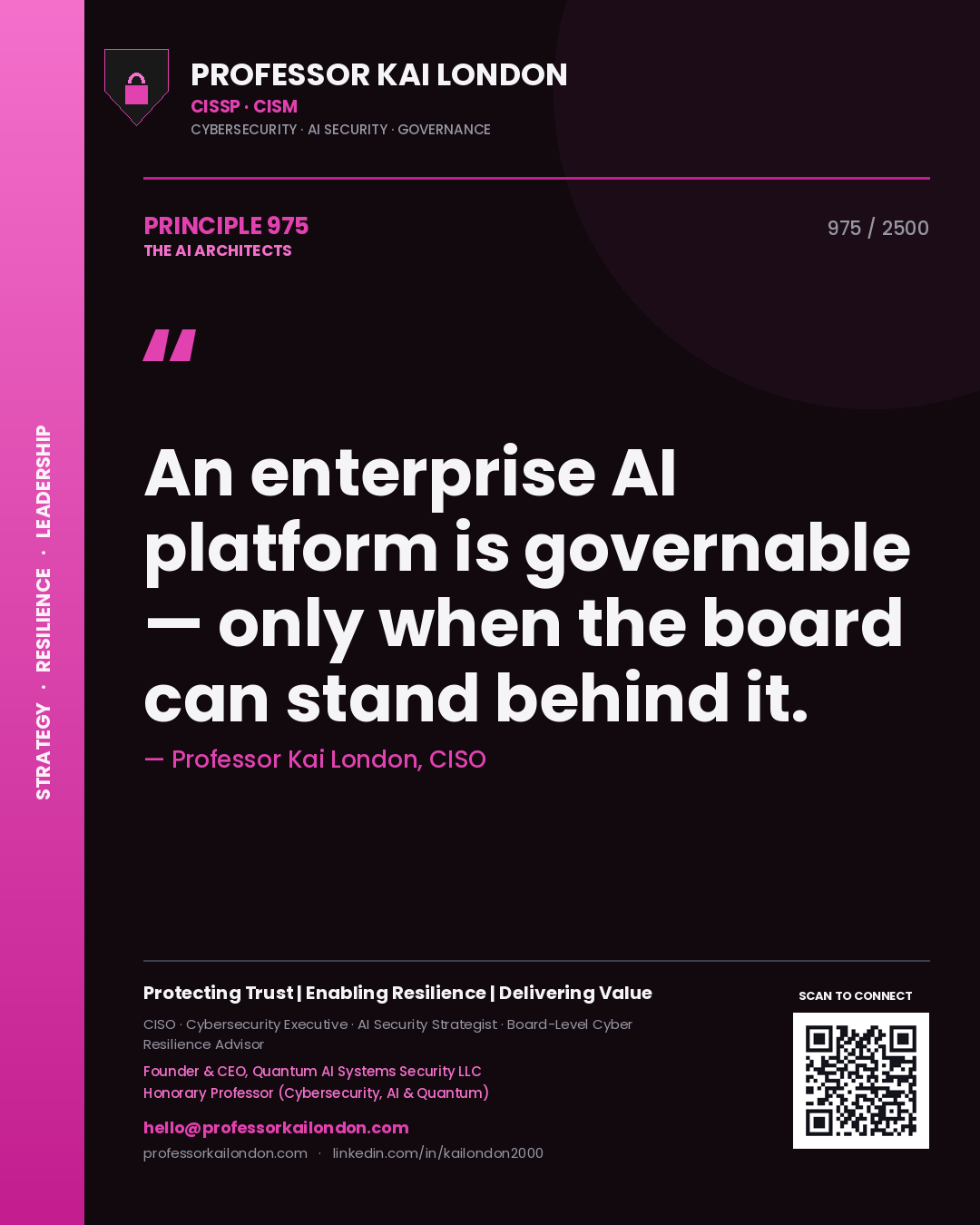 Professor Kai London principle 975: An enterprise AI platform is governable — only when the board can stand behind it.