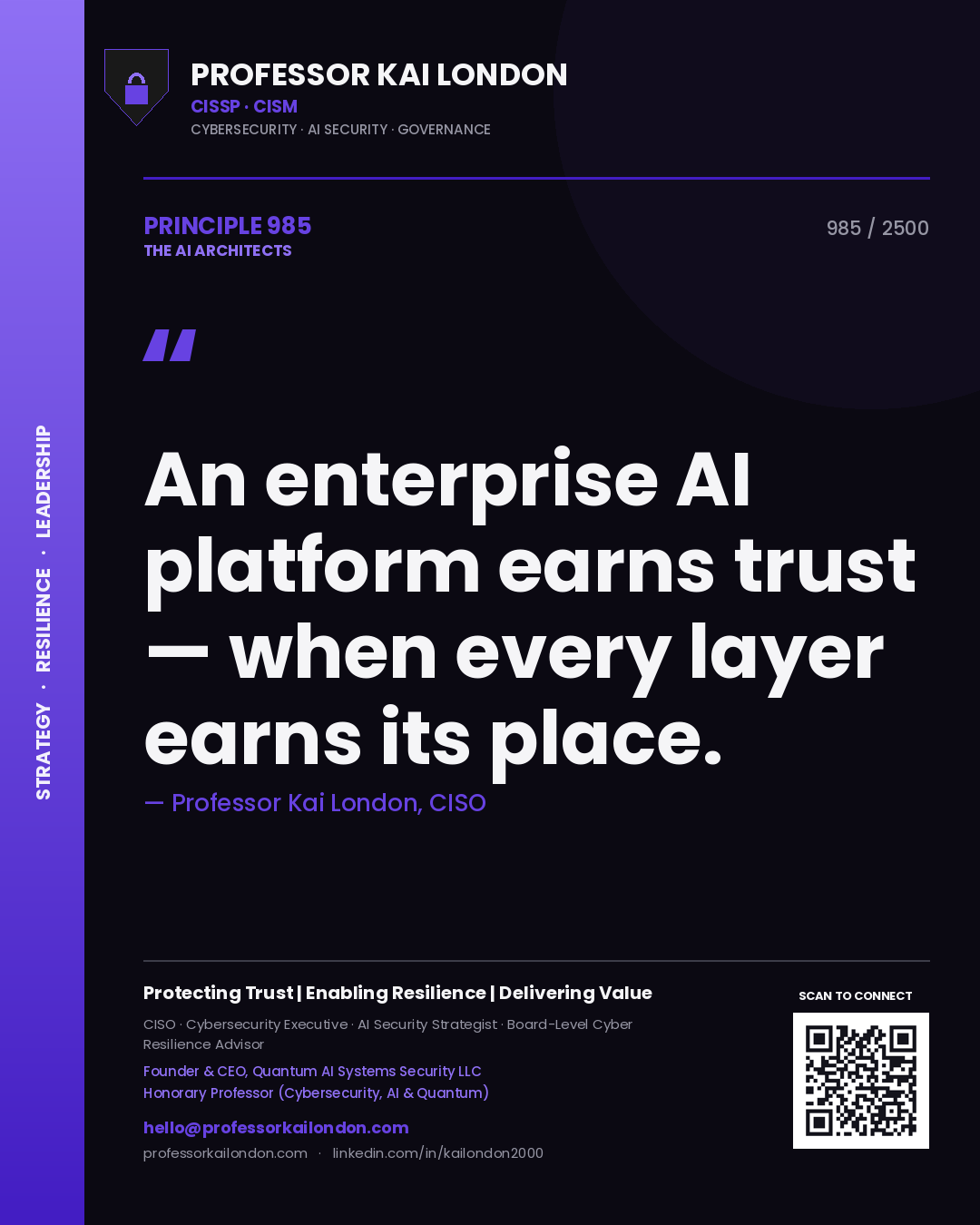 Professor Kai London principle 985: An enterprise AI platform earns trust — when every layer earns its place.