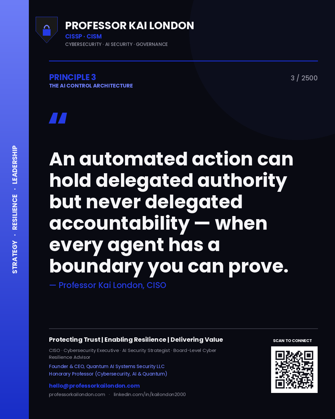 Professor Kai London principle 3: An automated action can hold delegated authority but never delegated accountability — when every agent has a boundary you can prove.