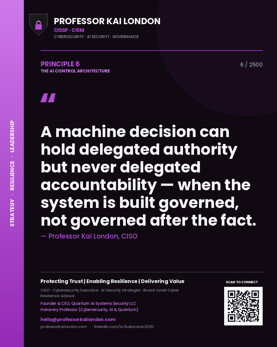 Professor Kai London principle 6: A machine decision can hold delegated authority but never delegated accountability — when the system is built governed, not governed after the fact.