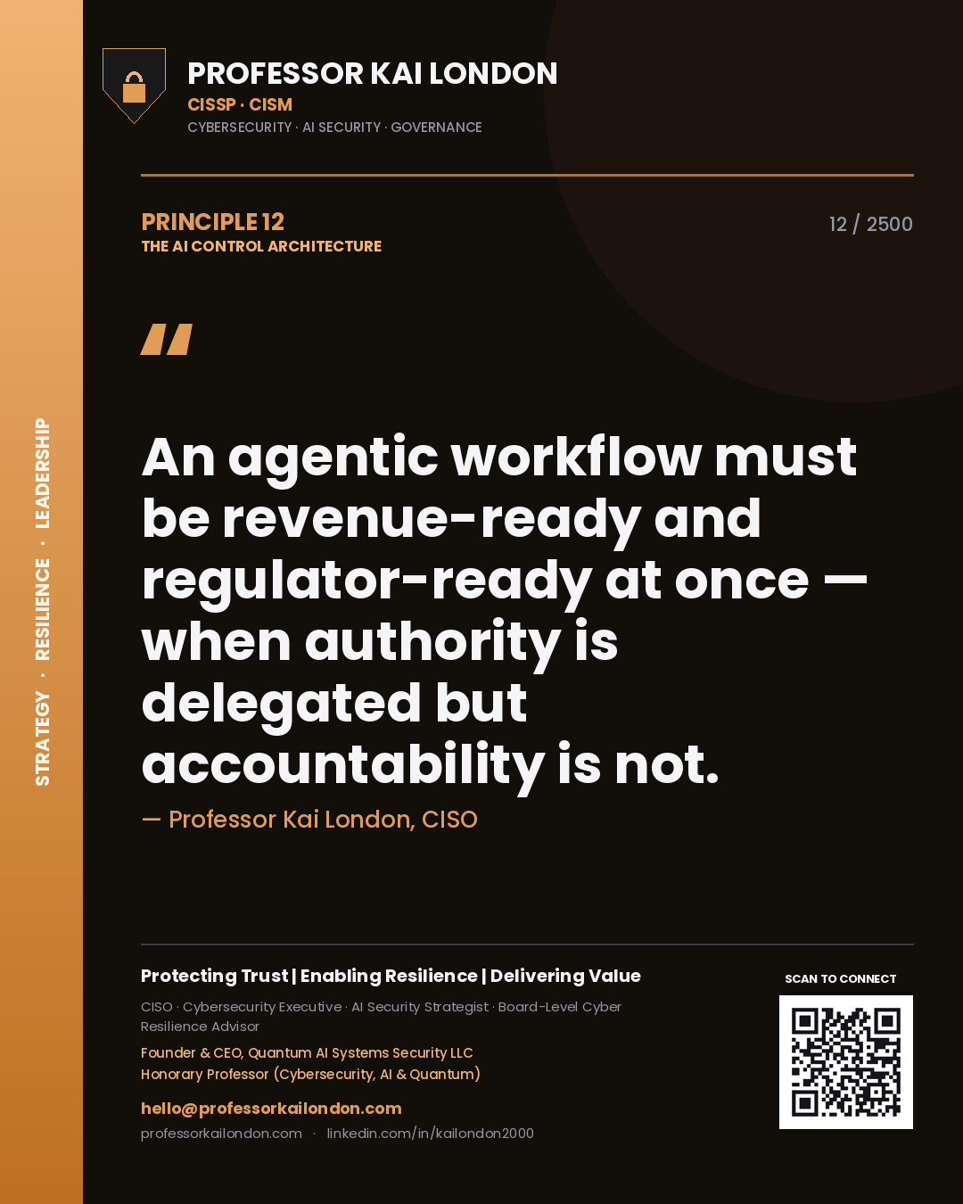 Professor Kai London principle 12: An agentic workflow must be revenue-ready and regulator-ready at once — when authority is delegated but accountability is not.