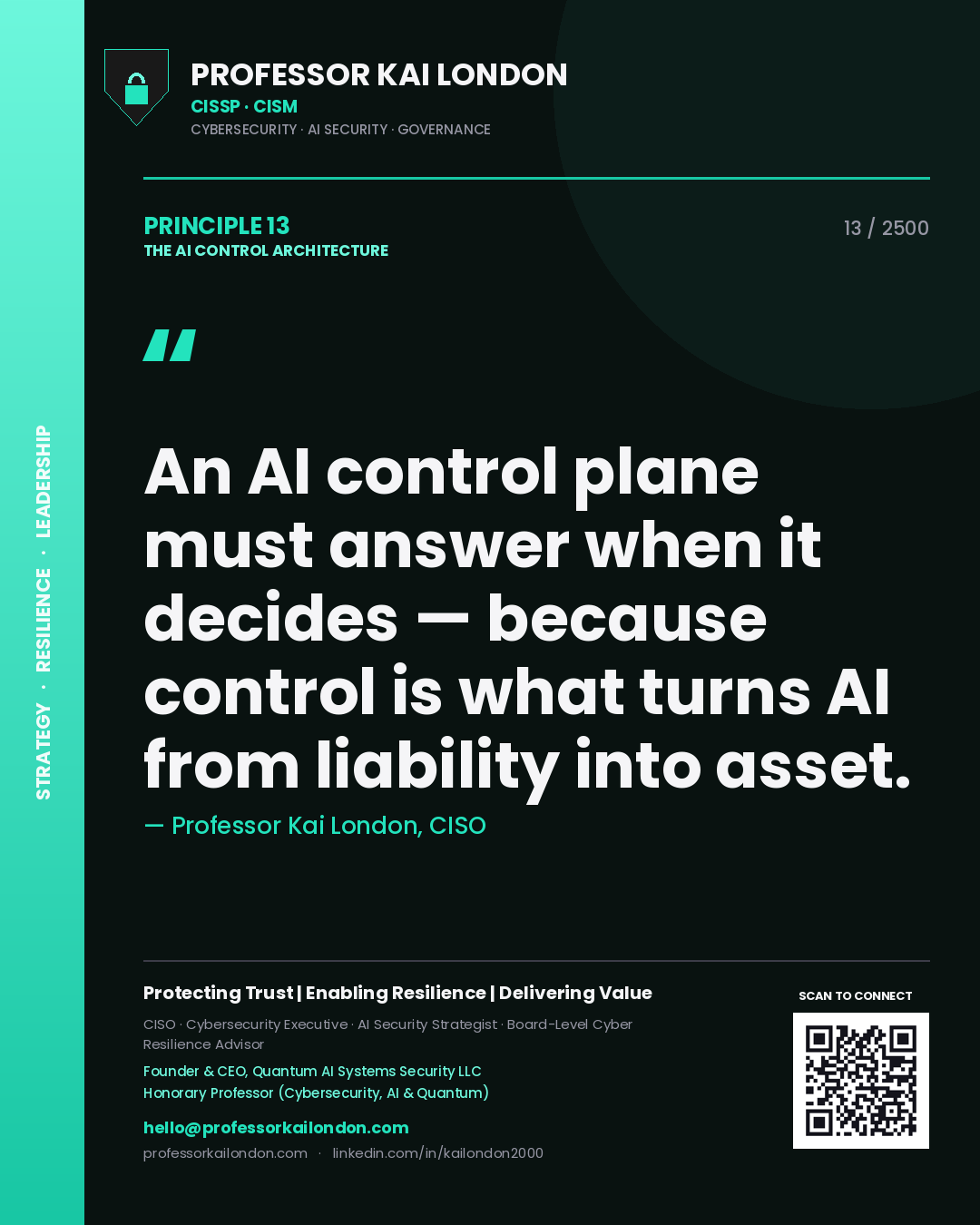 Professor Kai London principle 13: An AI control plane must answer when it decides — because control is what turns AI from liability into asset.