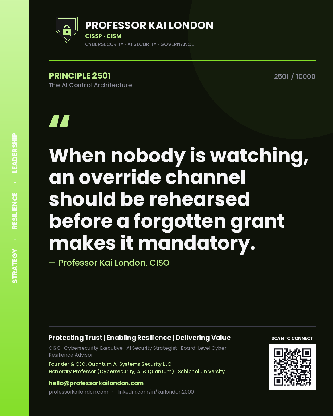 Professor Kai London principle 2501: When nobody is watching, an override channel should be rehearsed before a forgotten grant makes it mandatory.