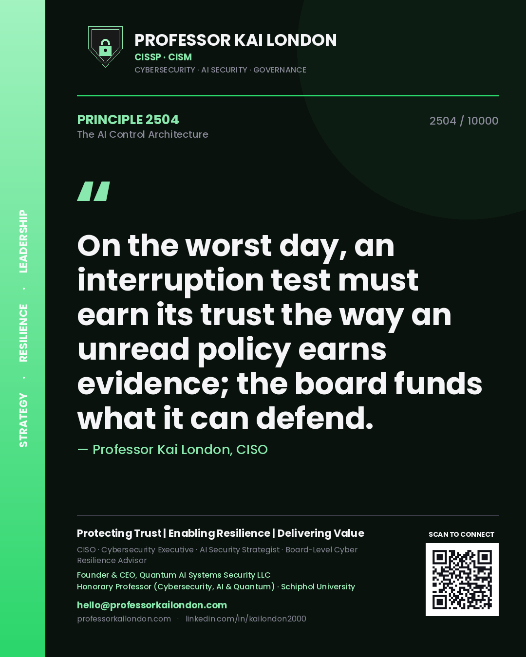 Professor Kai London principle 2504: On the worst day, an interruption test must earn its trust the way an unread policy earns evidence; the board funds what it can defend.