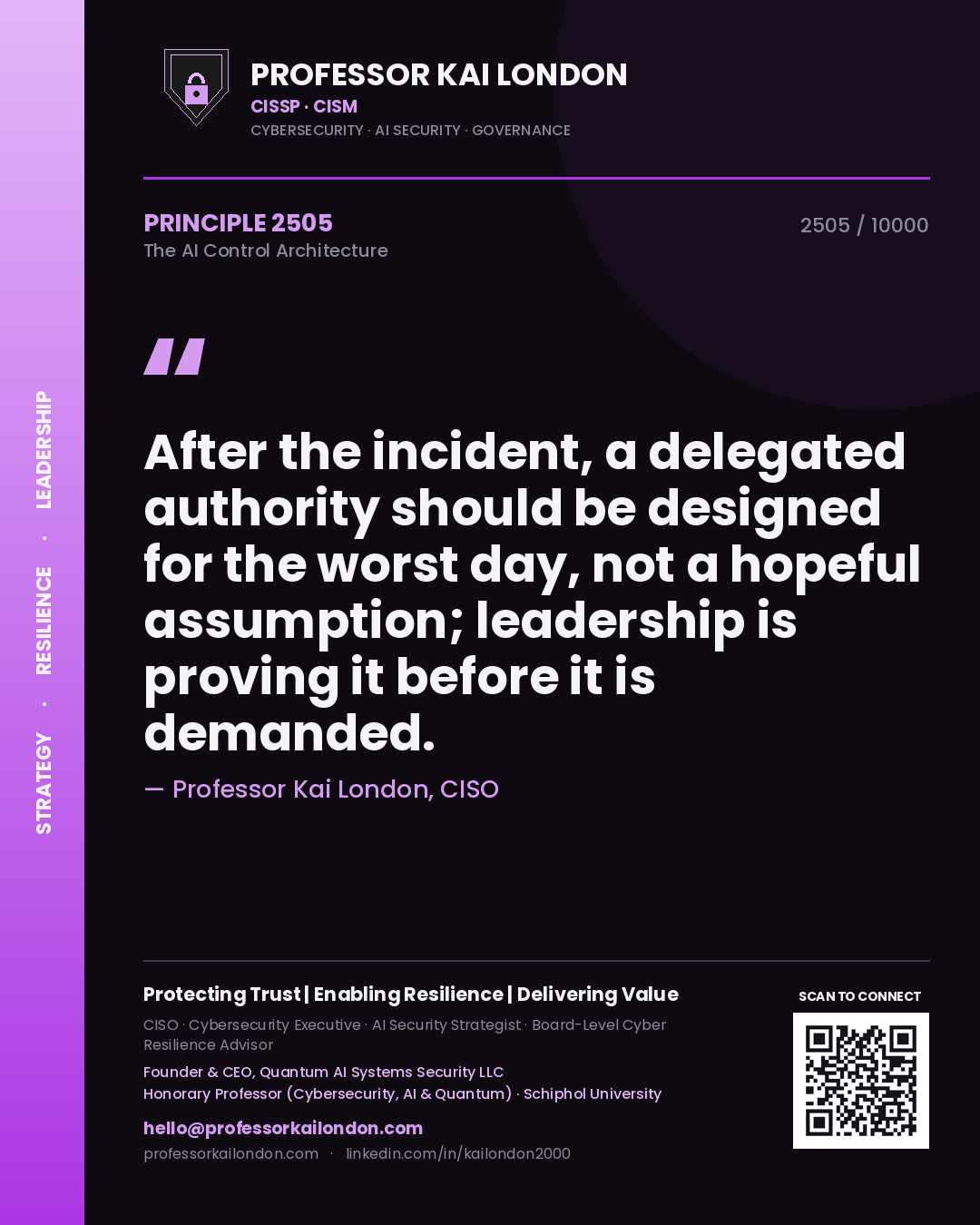 Professor Kai London principle 2505: After the incident, a delegated authority should be designed for the worst day, not a hopeful assumption; leadership is proving it before it is demanded.