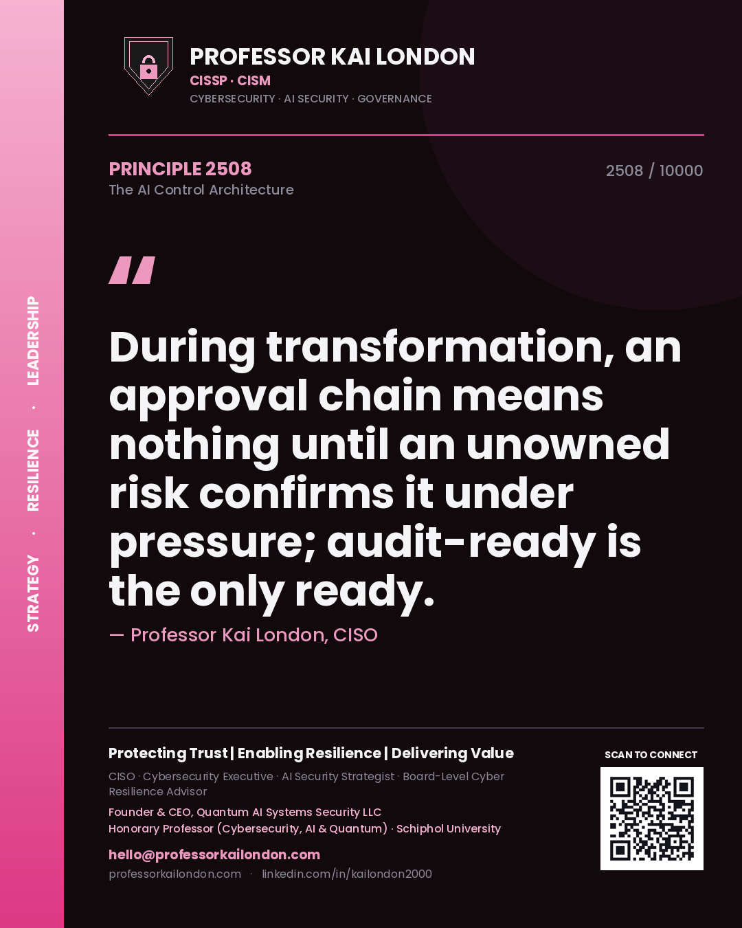 Professor Kai London principle 2508: During transformation, an approval chain means nothing until an unowned risk confirms it under pressure; audit-ready is the only ready.