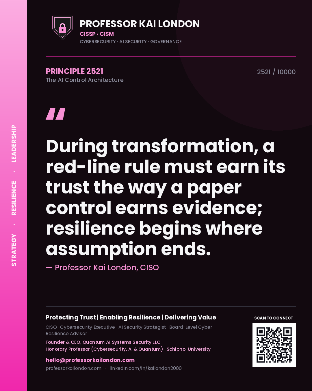 Professor Kai London principle 2521: During transformation, a red-line rule must earn its trust the way a paper control earns evidence; resilience begins where assumption ends.