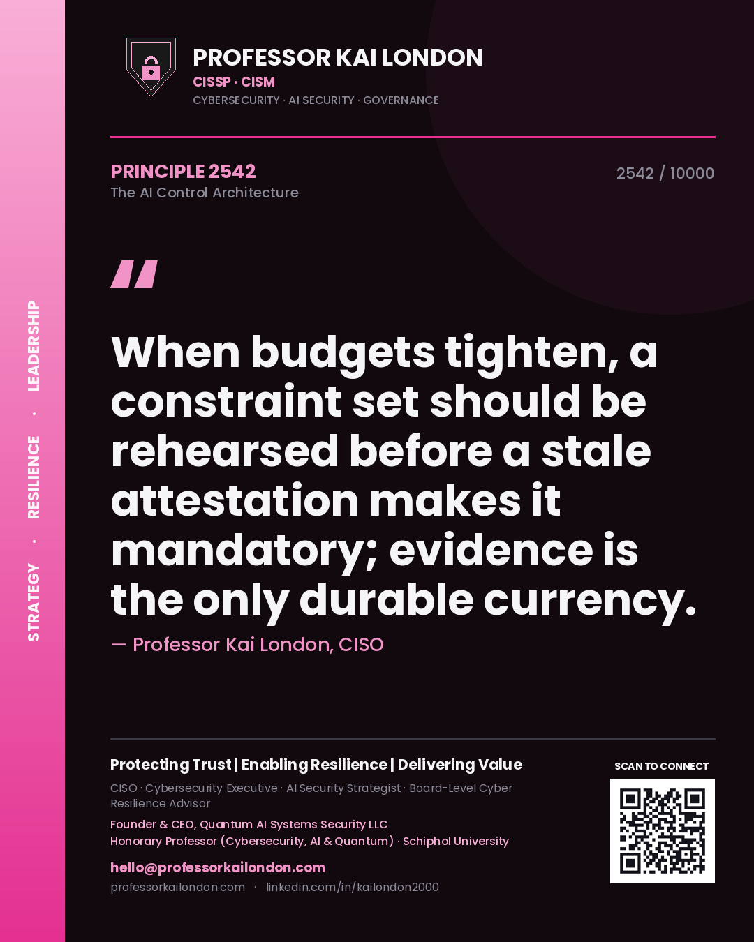 Professor Kai London principle 2542: When budgets tighten, a constraint set should be rehearsed before a stale attestation makes it mandatory; evidence is the only durable currency.