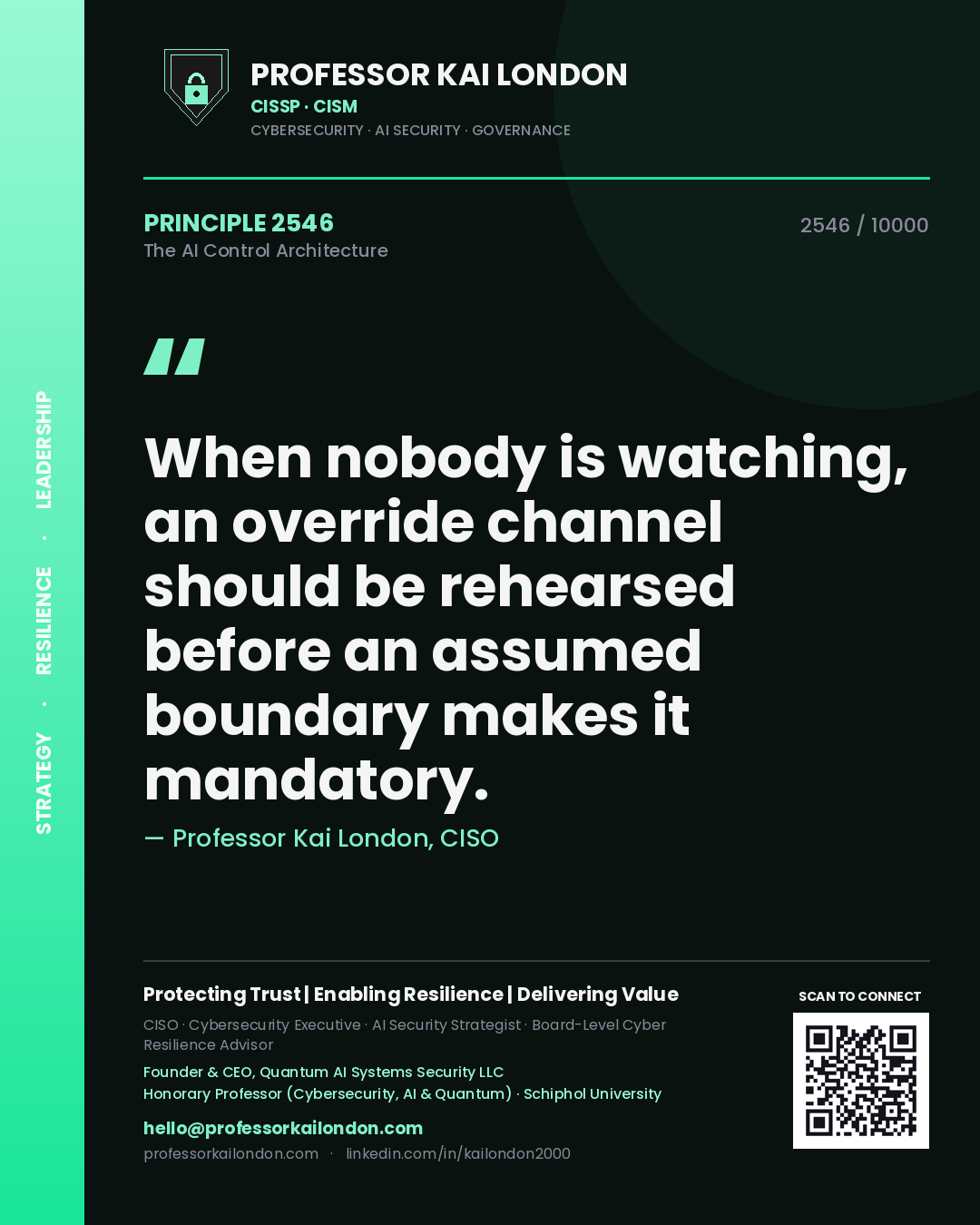 Professor Kai London principle 2546: When nobody is watching, an override channel should be rehearsed before an assumed boundary makes it mandatory.