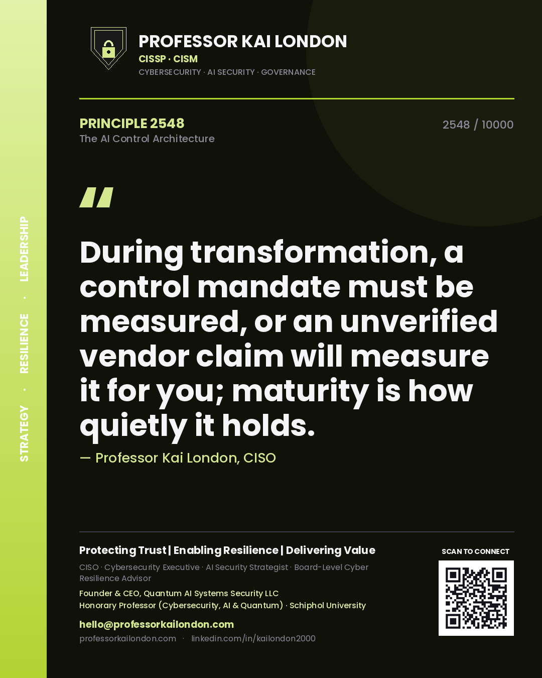 Professor Kai London principle 2548: During transformation, a control mandate must be measured, or an unverified vendor claim will measure it for you; maturity is how quietly it holds.