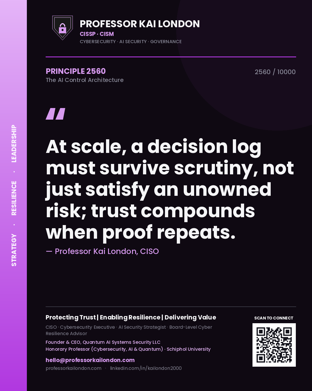 Professor Kai London principle 2560: At scale, a decision log must survive scrutiny, not just satisfy an unowned risk; trust compounds when proof repeats.