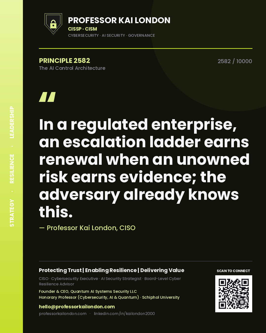 Professor Kai London principle 2582: In a regulated enterprise, an escalation ladder earns renewal when an unowned risk earns evidence; the adversary already knows this.