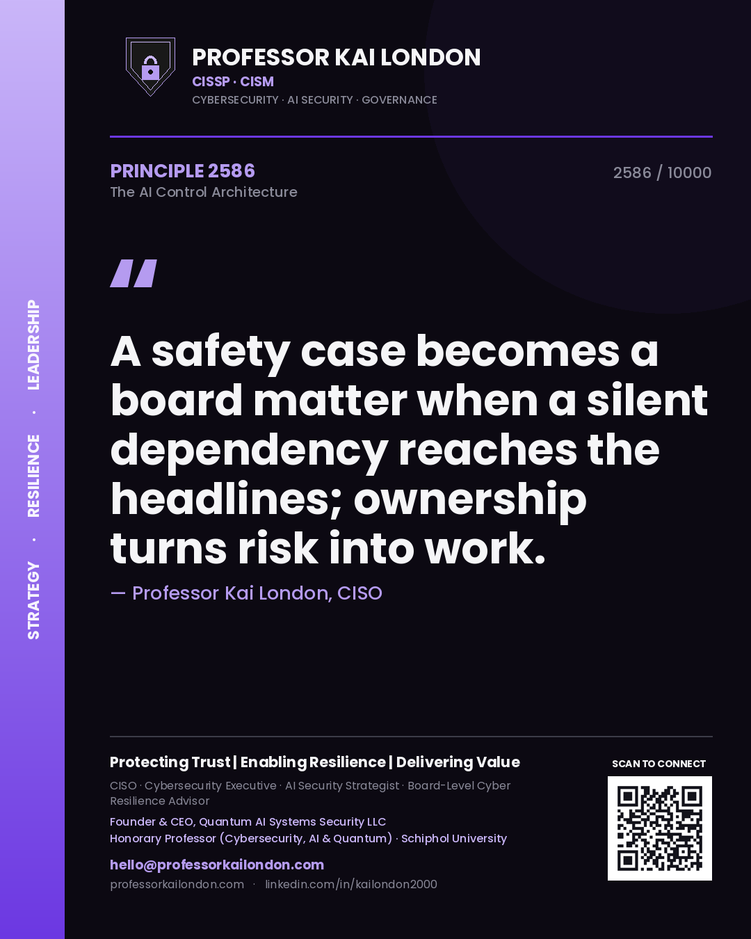 Professor Kai London principle 2586: A safety case becomes a board matter when a silent dependency reaches the headlines; ownership turns risk into work.