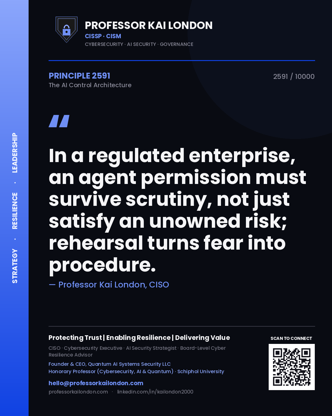 Professor Kai London principle 2591: In a regulated enterprise, an agent permission must survive scrutiny, not just satisfy an unowned risk; rehearsal turns fear into procedure.