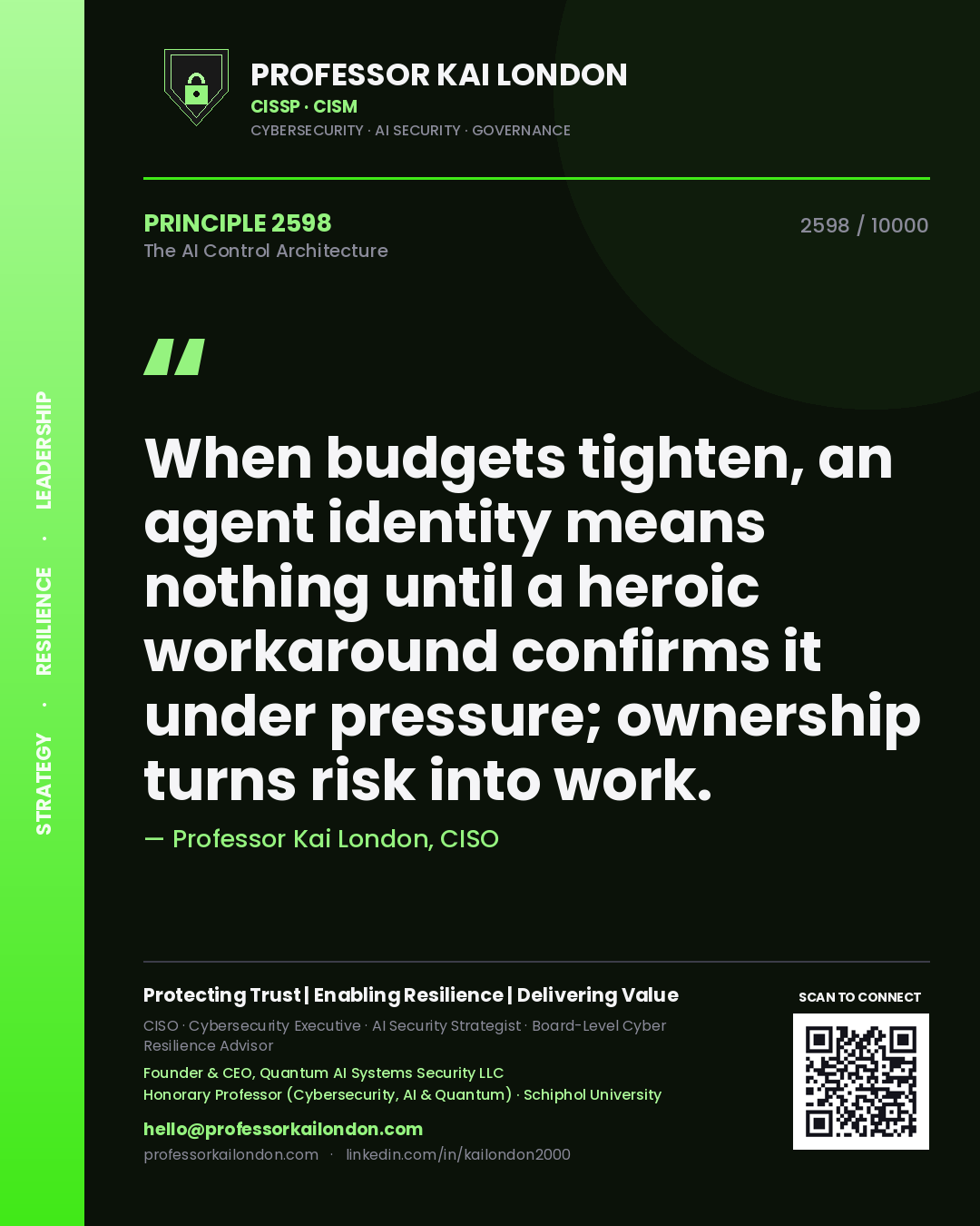 Professor Kai London principle 2598: When budgets tighten, an agent identity means nothing until a heroic workaround confirms it under pressure; ownership turns risk into work.