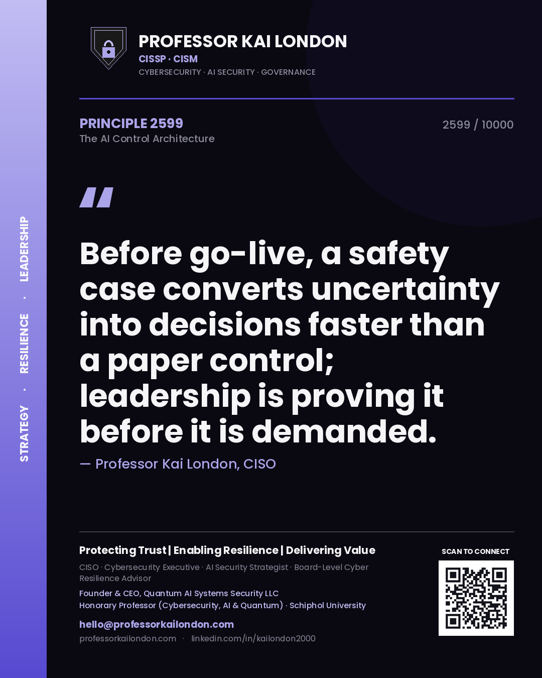 Professor Kai London principle 2599: Before go-live, a safety case converts uncertainty into decisions faster than a paper control; leadership is proving it before it is demanded.