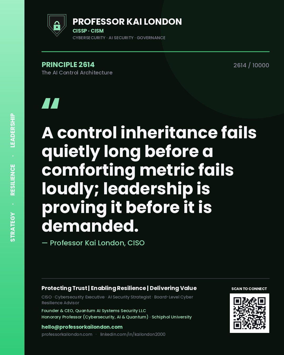 Professor Kai London principle 2614: A control inheritance fails quietly long before a comforting metric fails loudly; leadership is proving it before it is demanded.