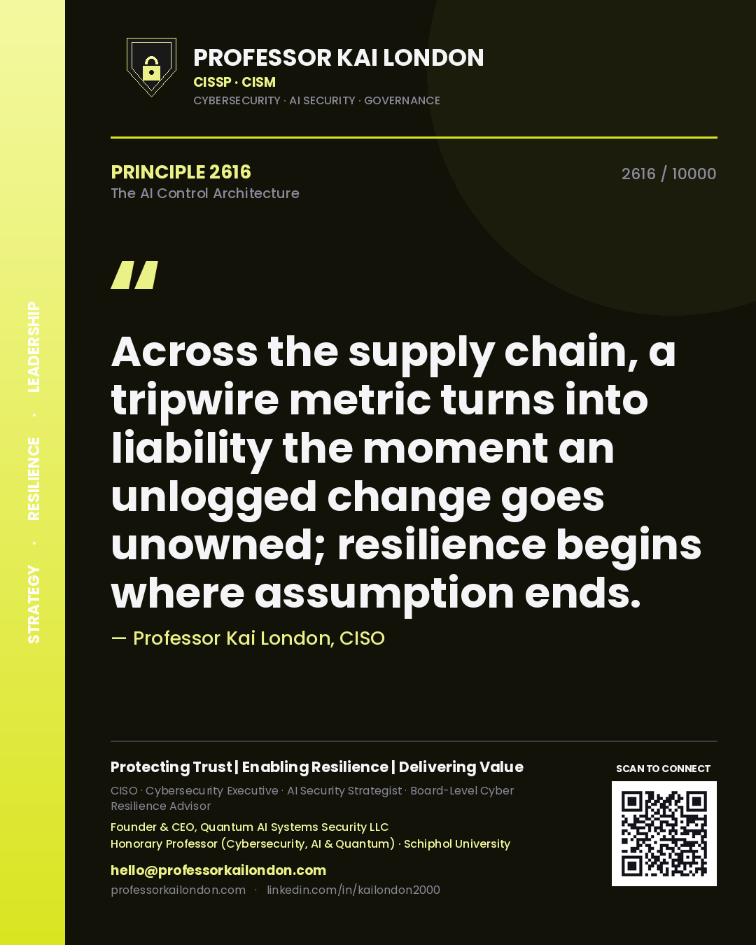 Professor Kai London principle 2616: Across the supply chain, a tripwire metric turns into liability the moment an unlogged change goes unowned; resilience begins where assumption ends.