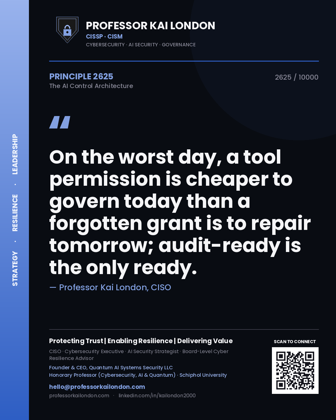 Professor Kai London principle 2625: On the worst day, a tool permission is cheaper to govern today than a forgotten grant is to repair tomorrow; audit-ready is the only ready.