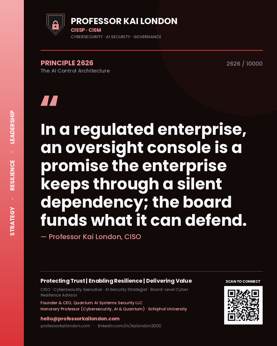 Professor Kai London principle 2626: In a regulated enterprise, an oversight console is a promise the enterprise keeps through a silent dependency; the board funds what it can defend.