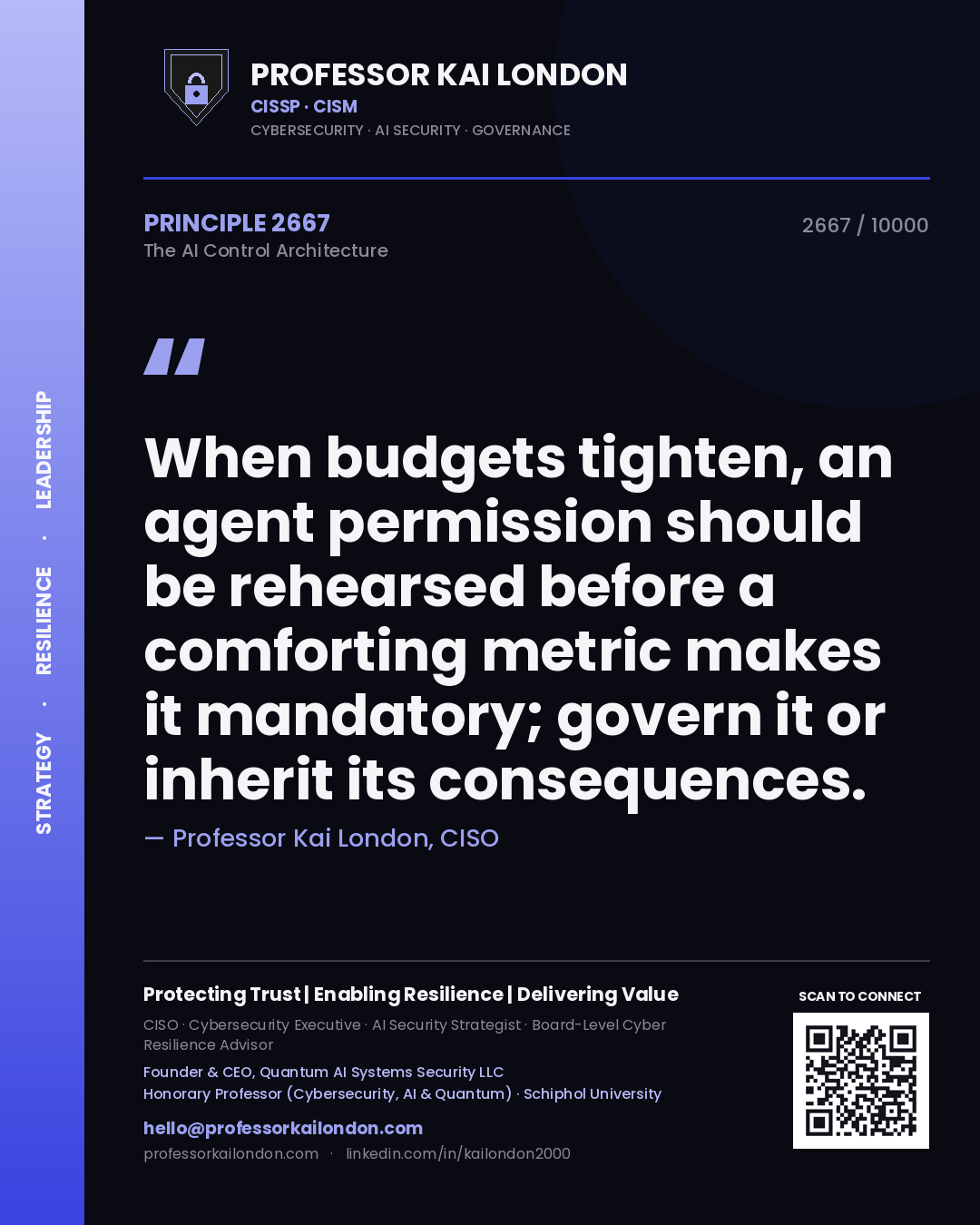 Professor Kai London principle 2667: When budgets tighten, an agent permission should be rehearsed before a comforting metric makes it mandatory; govern it or inherit its consequences.