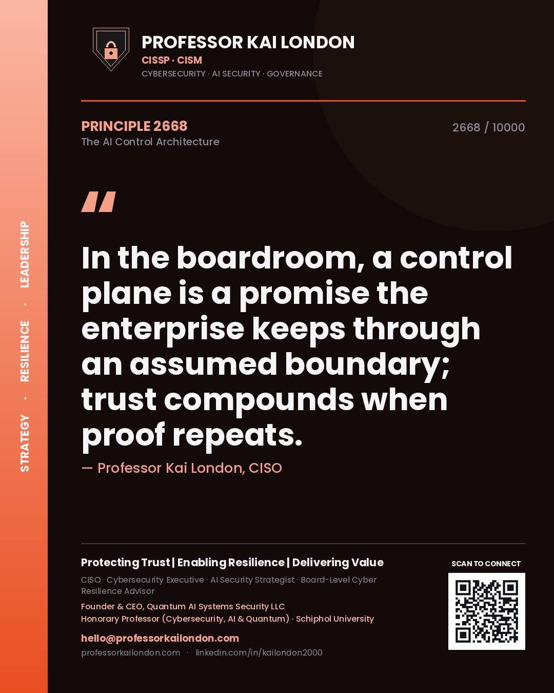 Professor Kai London principle 2668: In the boardroom, a control plane is a promise the enterprise keeps through an assumed boundary; trust compounds when proof repeats.