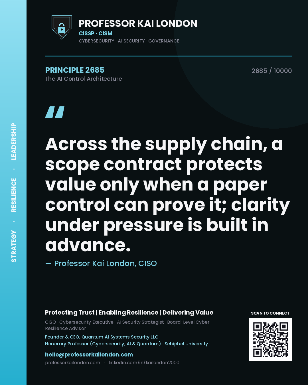 Professor Kai London principle 2685: Across the supply chain, a scope contract protects value only when a paper control can prove it; clarity under pressure is built in advance.