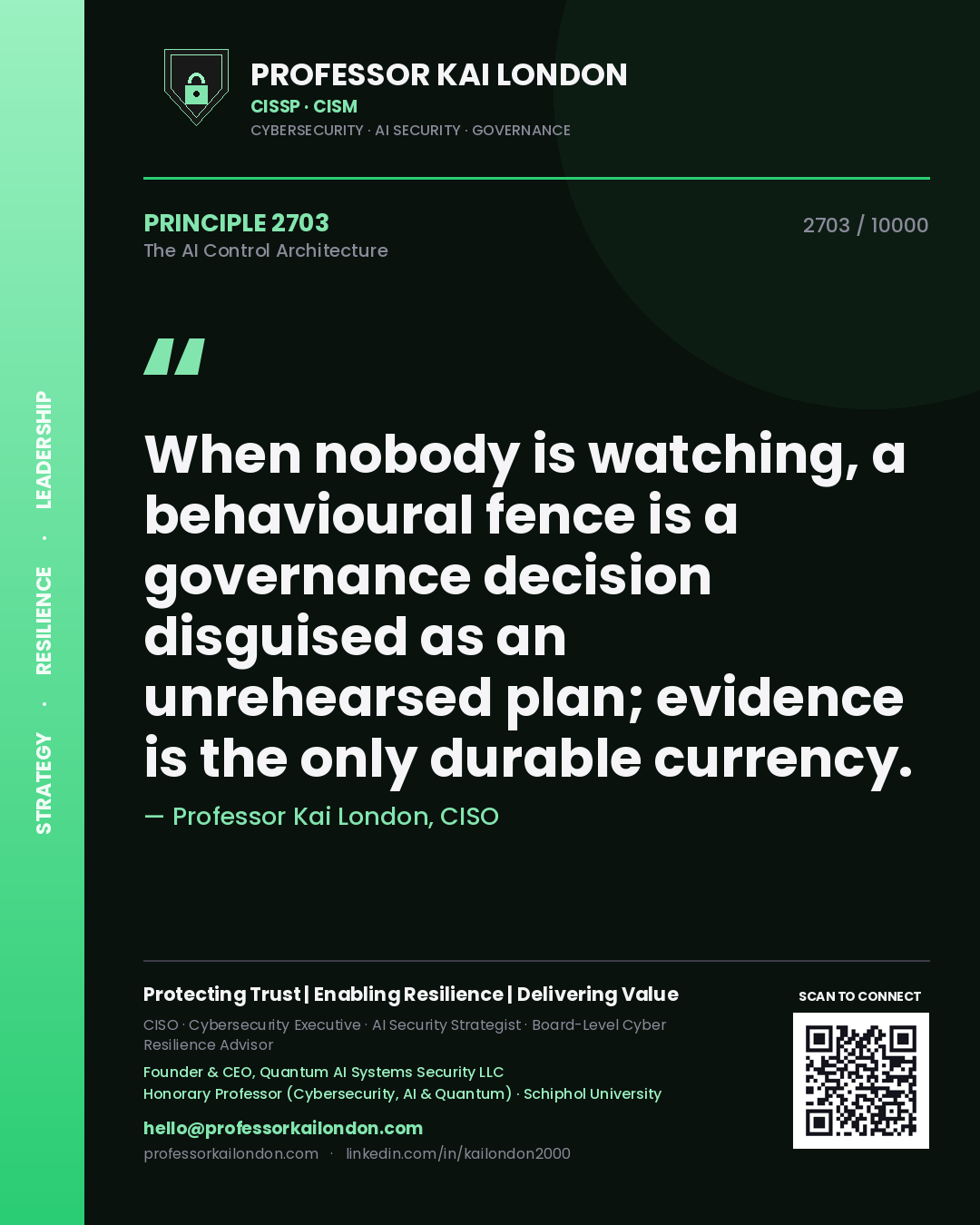 Professor Kai London principle 2703: When nobody is watching, a behavioural fence is a governance decision disguised as an unrehearsed plan; evidence is the only durable currency.