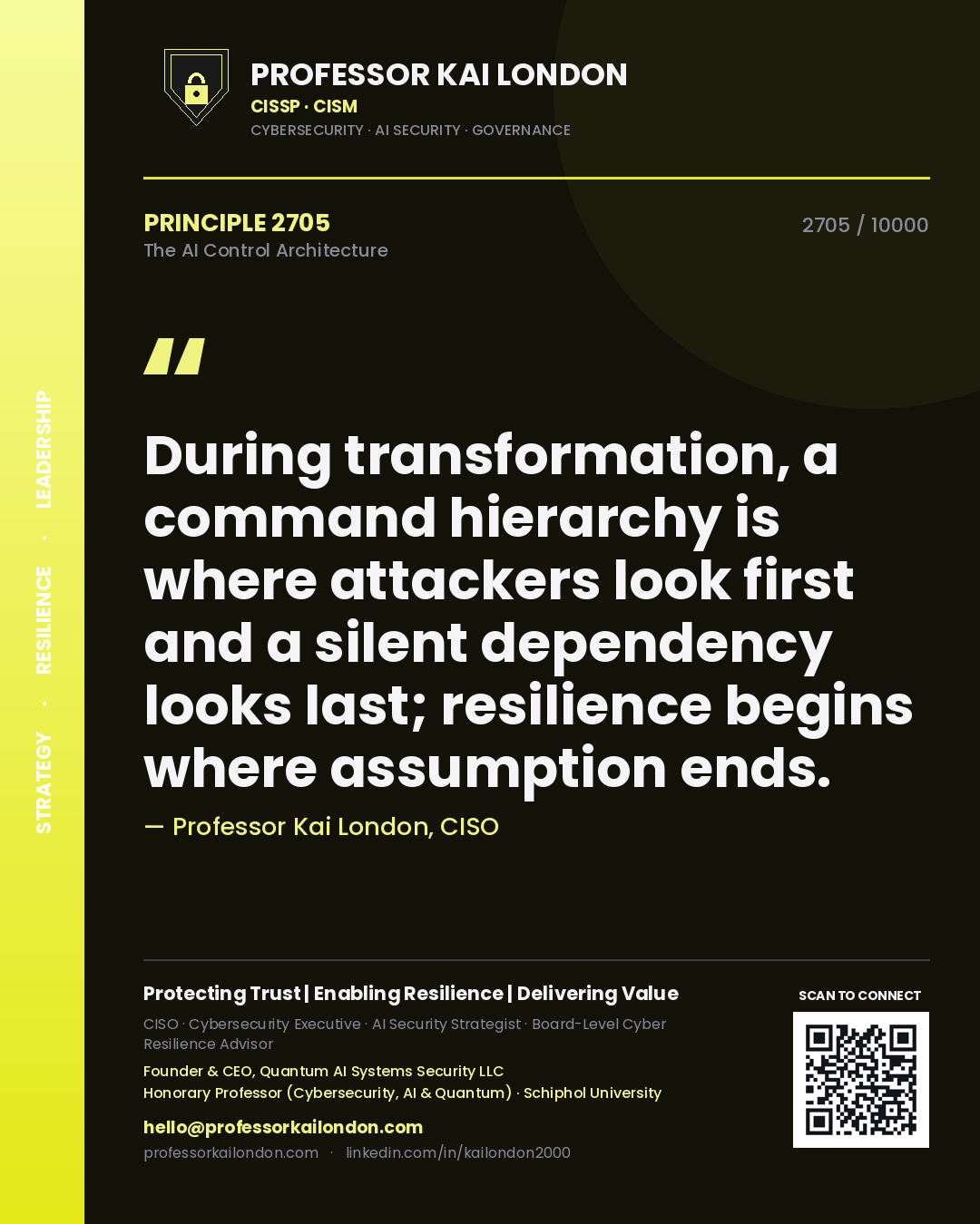 Professor Kai London principle 2705: During transformation, a command hierarchy is where attackers look first and a silent dependency looks last; resilience begins where assumption ends.
