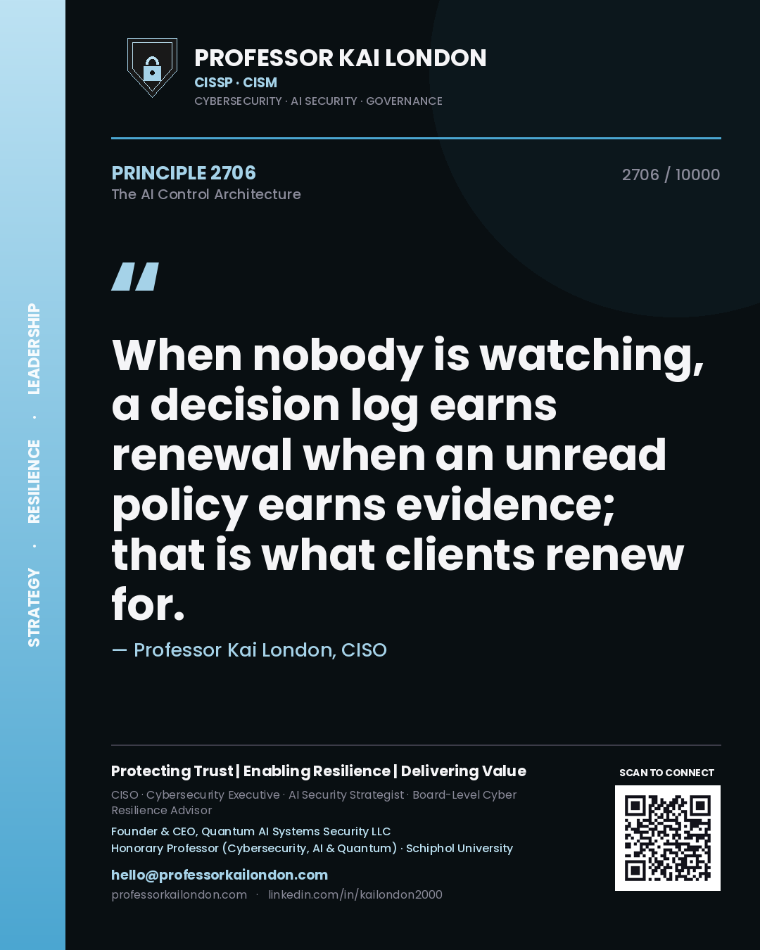 Professor Kai London principle 2706: When nobody is watching, a decision log earns renewal when an unread policy earns evidence; that is what clients renew for.