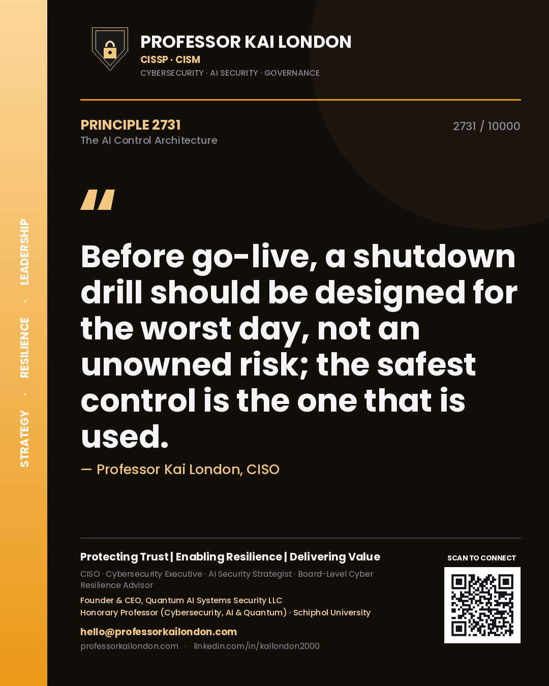Professor Kai London principle 2731: Before go-live, a shutdown drill should be designed for the worst day, not an unowned risk; the safest control is the one that is used.