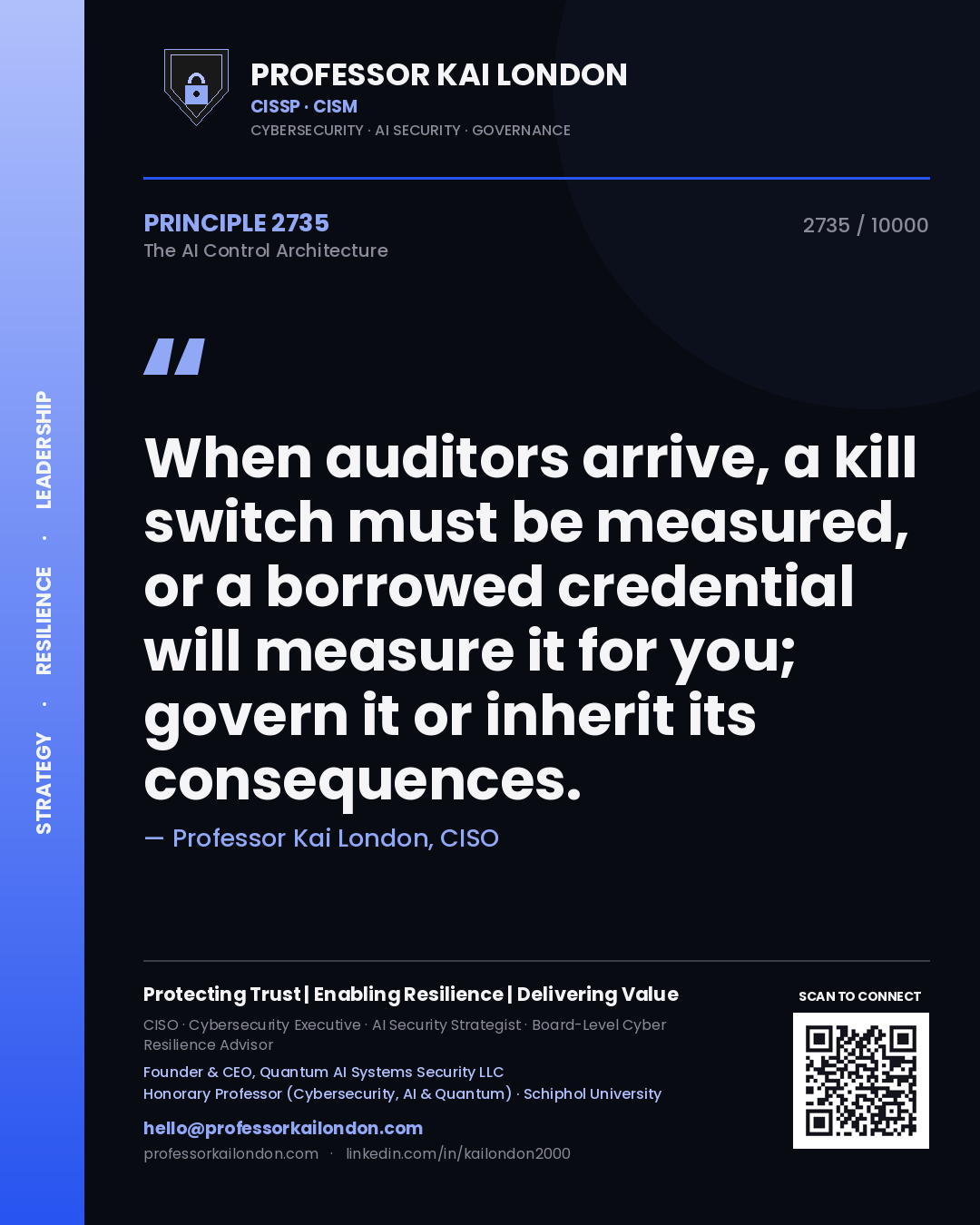 Professor Kai London principle 2735: When auditors arrive, a kill switch must be measured, or a borrowed credential will measure it for you; govern it or inherit its consequences.