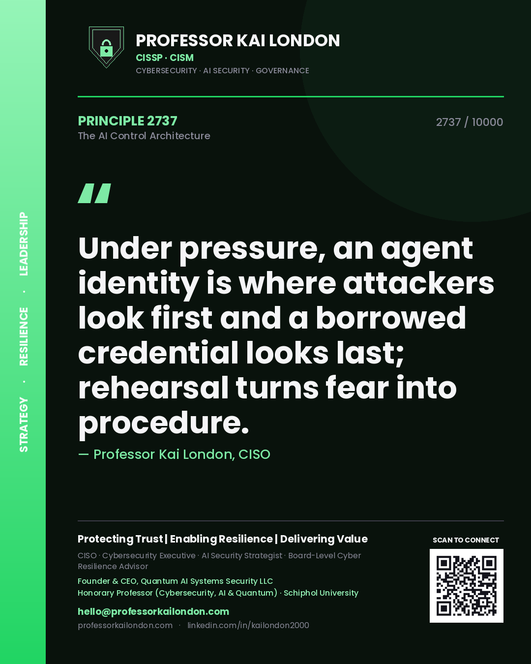 Professor Kai London principle 2737: Under pressure, an agent identity is where attackers look first and a borrowed credential looks last; rehearsal turns fear into procedure.