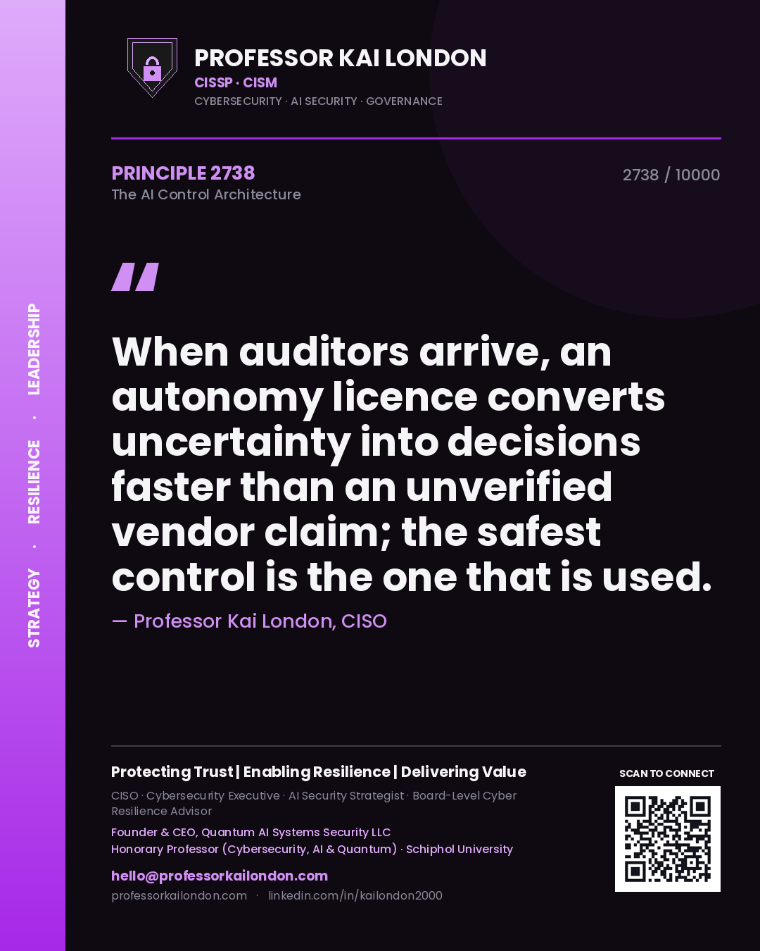 Professor Kai London principle 2738: When auditors arrive, an autonomy licence converts uncertainty into decisions faster than an unverified vendor claim; the safest control is the one that is used.